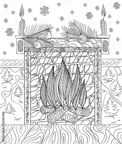 Hand drawing for adult coloring book. Fireplace decorated for Christmas.