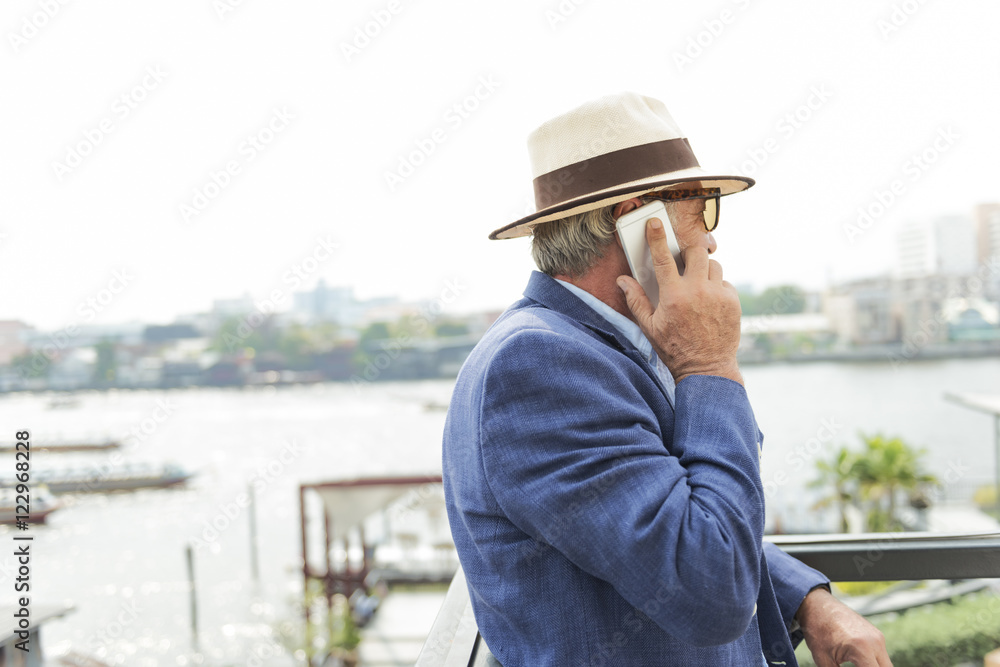 Senior Man Mobile Phone Communication Connection Technology Conc