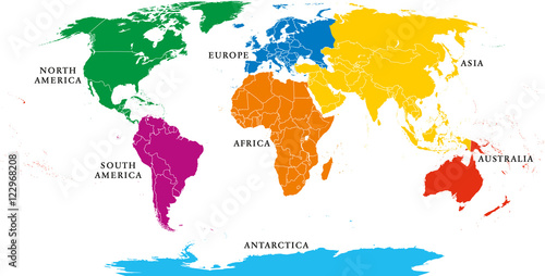 Mapa siedmiu kontynentów z granicami państwowymi. Azja, Afryka, Ameryka Północna i Południowa, Antarktyda, Europa i Australia. Szczegółowa mapa pod projekcją Robinsona i angielskie oznaczenia na białym tle.