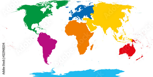 Mapa siedmiu kontynentów. Azja żółty, Afryka pomarańczowy, Ameryka Północna zielony, Ameryka Południowa fioletowy, Antarktyda cyan, Europa błękit i Australia w kolorze czerwonym. Projekcja Robinsona na białym tle. Ilustracja.
