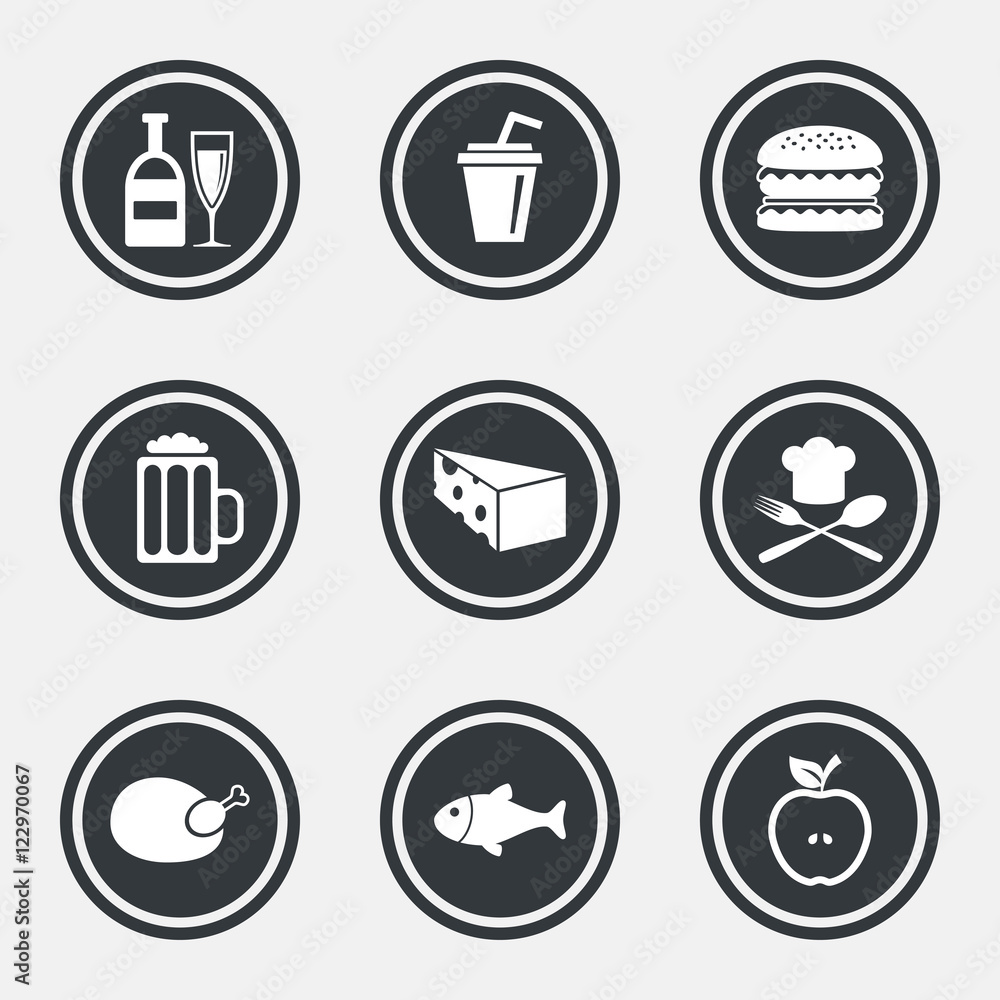 Food, drink icons. Beer, fish and burger signs. Food, drink icons. Beer, fish and burger signs.