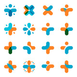 Isolated abstract blue, orange cross logo set. Medical logotype collection. Religious icon. Vector medical illustration. Health sign. Hospital symbol. Arithmetic plus, multiplication element.