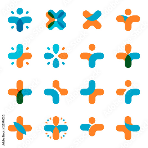 Isolated abstract blue, orange cross logo set. Medical logotype collection. Religious icon. Vector medical illustration. Health sign. Hospital symbol. Arithmetic plus, multiplication element. photo