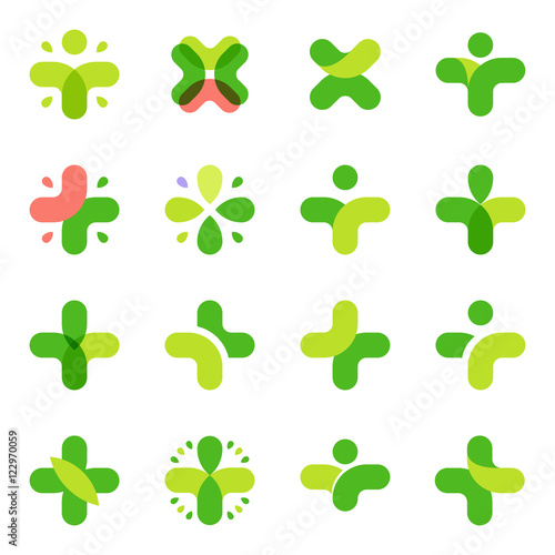 Isolated abstract green color cross logo set. Medical logotype collection. Religious icon. Vector illustration. Health sign. Hospital symbol. Arithmetic plus, multiplication element.