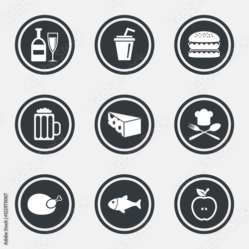 Food  drink icons. Beer  fish and burger signs.