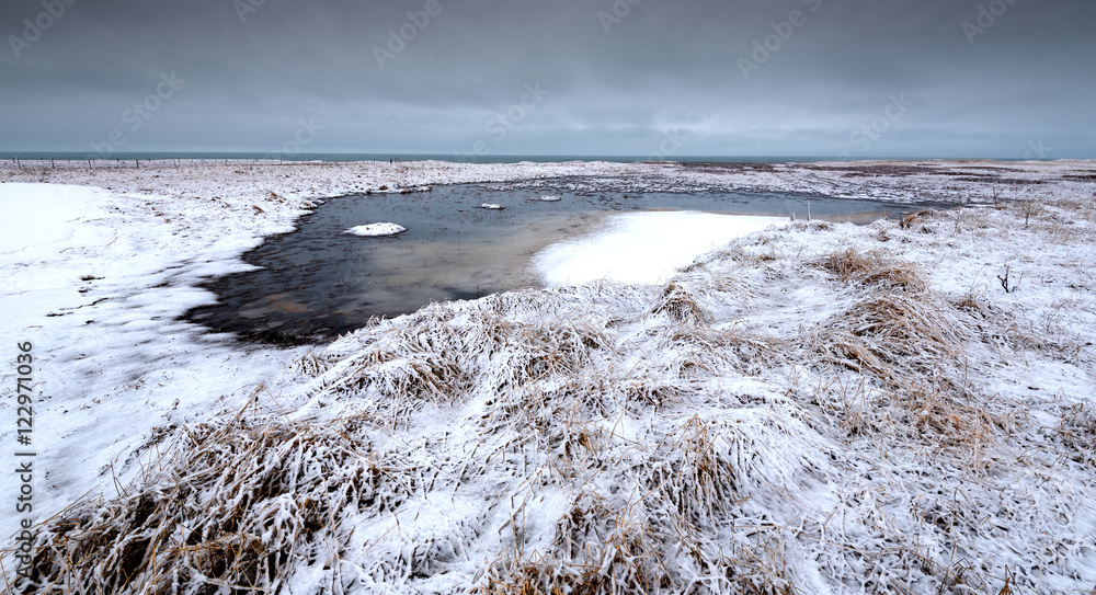 Winter dramatic landscape with frozen lake in Iceland