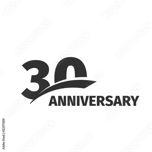 Isolated abstract black 30th anniversary logo on white background. 30 number logotype. Thirty years jubilee celebration icon. Thirtieth birthday emblem. Vector anniversary illustration.