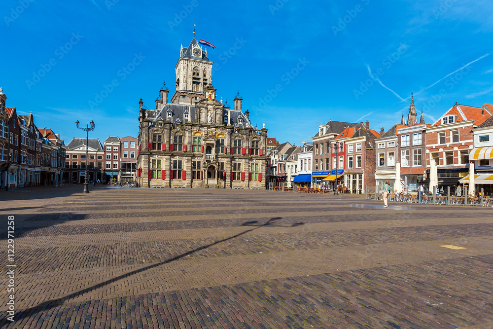 Council building and Central square in Delft, Netherlands