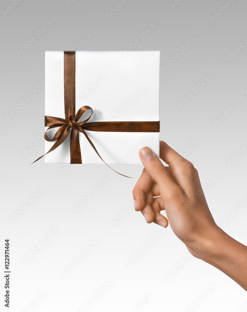 Isolated Woman Hands holding Holiday Present White Box with Brown Ribbon on a White Background Isolated Woman Hands holding Holiday Present White Box with Brown Ribbon on a White Background