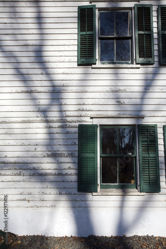 The shadow of a bare tree on a wall of Ambler Farm, Wilton, CT, USA