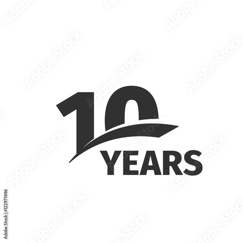 Isolated abstract black 10th anniversary logo on white background. 10 number logotype. Ten years jubilee celebration icon. Tenth birthday emblem. Vector anniversary illustration.
