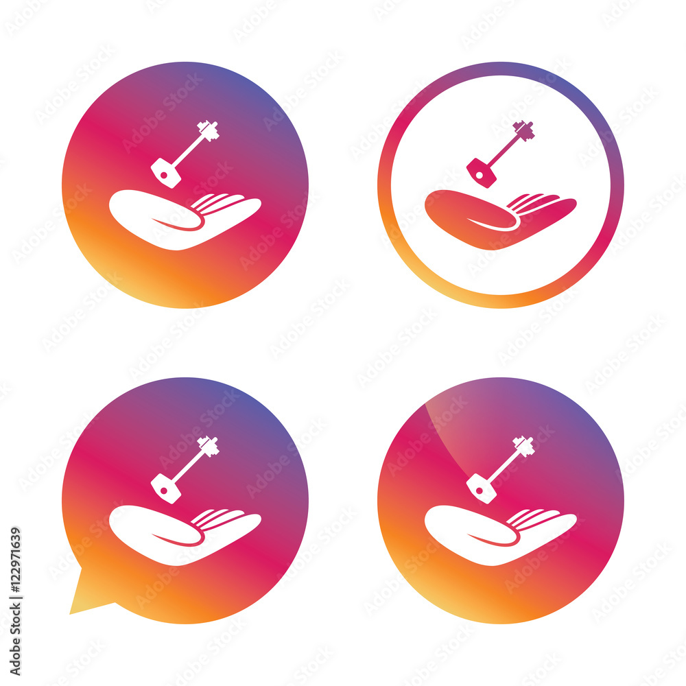 House insurance sign. Hand holds home key symbol.