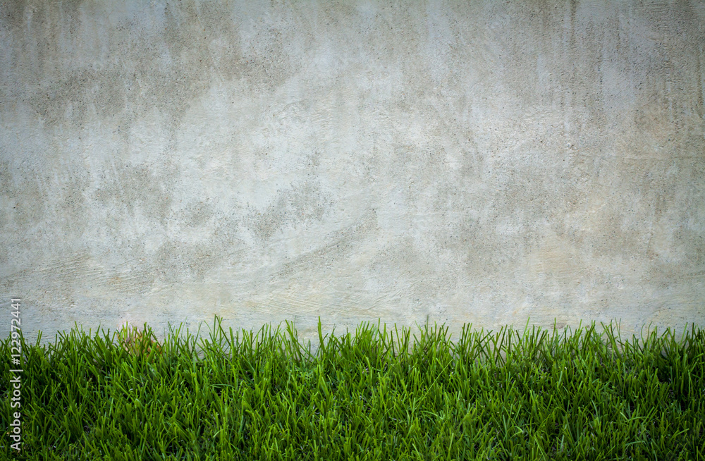 Vintage background of green grass frame and concrete wall texture ...