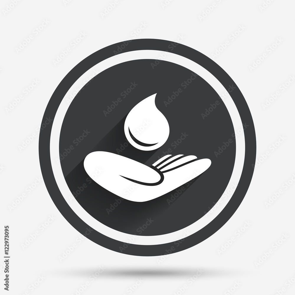 Save water sign. Hand holds water drop symbol.