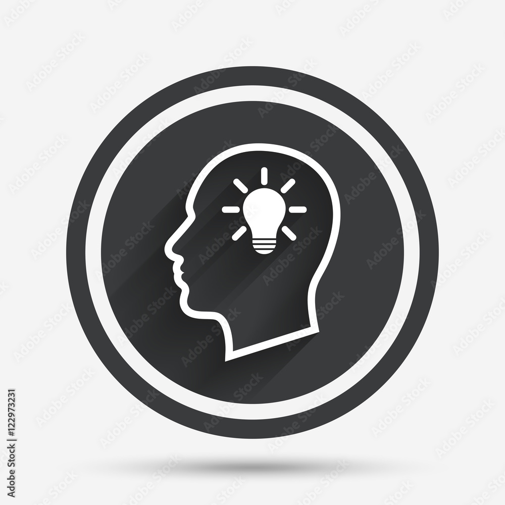 Head with lamp bulb sign icon. Male human head. Head with lamp bulb sign icon. Male human head.