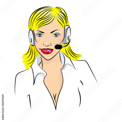 Vector illustration of smiling cute woman working as telephone operator