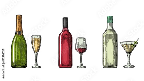 Bottle and glass cocktail, liquor, wine, champagne.