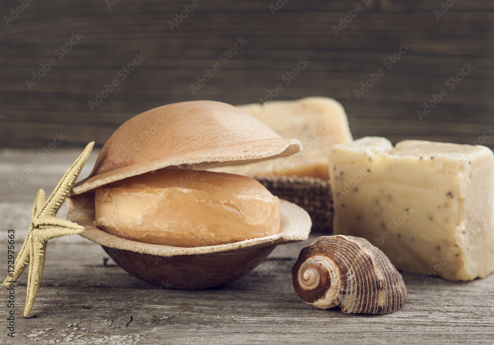 Spa background with salt and organic soap, Spa background with salt and organic soap,