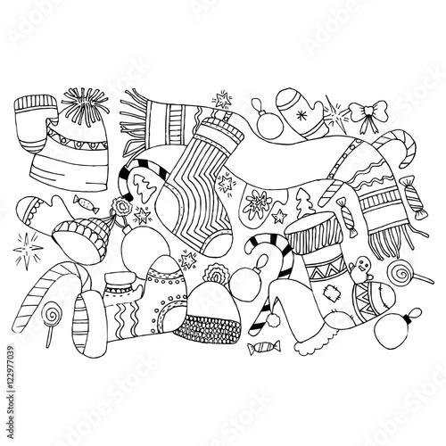 Christmas toys pattern. Vector seamless with Christmass balls and bells. Hand drawn doodle background winter holiday