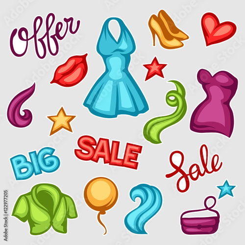 Set of female clothing and accessories. Big sale tags