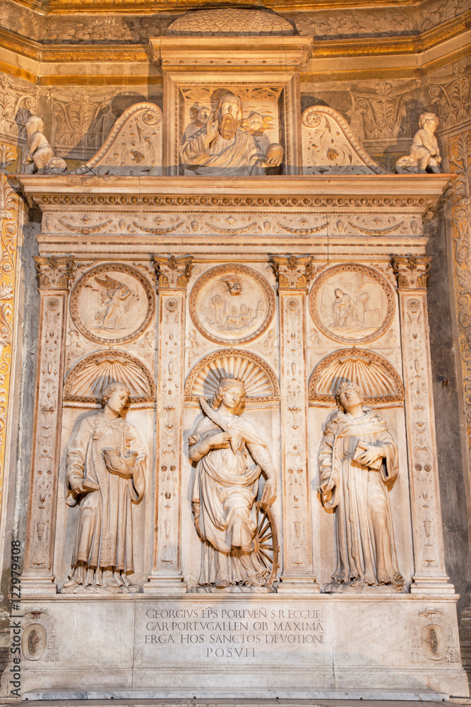 ROME, ITALY - MARCH 9, 2016: The marble altar of Costa chapel in church Basilica di Santa Maria del Popolo (St. Vincent, Katherine of Alexandria and Anthony of Padua) by Gian Cristoforo Romano (1505).