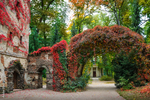 Tableau sur toile Stone arch in the  sentimental and romantic Arkadia park,  near Nieborow, Central Poland, Mazovia