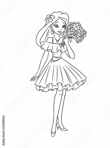 Girl bouquet flowers coloring pages cartoon illustration isolated image