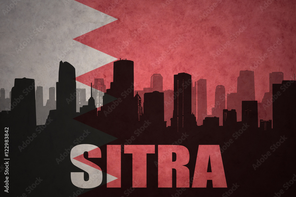 Fototapeta premium abstract silhouette of the city with text Sitra at the vintage bahrain flag background