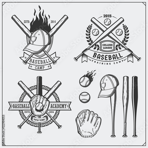 Baseball club emblems, labels and design elements. Baseball player, balls, helmets and bats. Baseball player, ball, helmet, glove and bat.