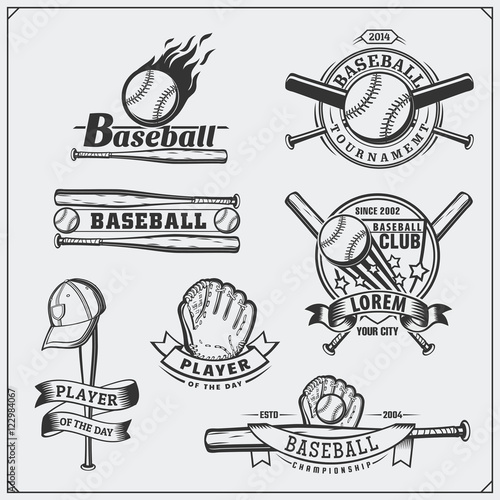 Baseball club emblems, labels and design elements. Baseball player, balls, helmets and bats. Baseball player, ball, helmet, glove and bat.