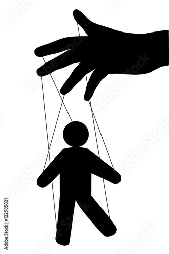 Puppet man. Vector isolated. Globalization. Hidden people management. New world order. hand puppet Management