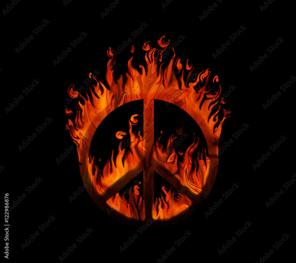 Symbol of peace on fire, on black background - concept of peace being  threatened Stock Illustration | Adobe Stock