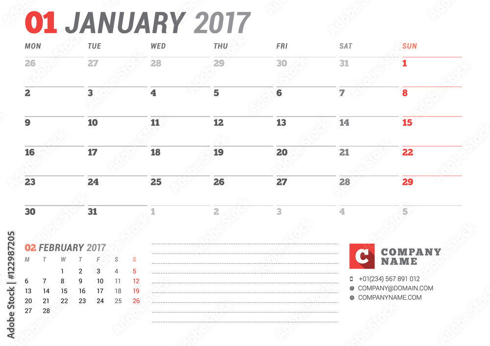 Calendar Template for 2017 Year. January. Business Planner 2017 Template. Stationery Design. Week starts Monday. 2 Months on the Page. Vector Illustration Calendar Template for 2017 Year. January. Business Planner 2017 Template. Stationery Design. Week starts Monday. 2 Months on the Page. Vector Illustration
