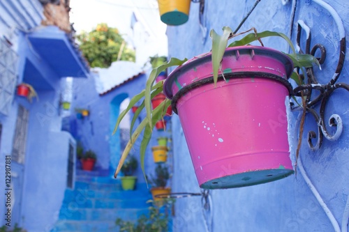Blue street in Chefchouen, Morocco photo