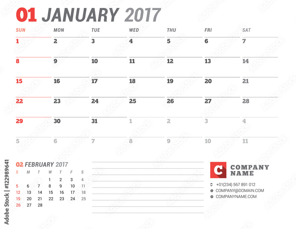 Calendar Template for 2017 Year. January. Business Planner 2017 Template. Stationery Design. Week starts Sunday. 2 Months on the Page. Vector Illustration Calendar Template for 2017 Year. January. Business Planner 2017 Template. Stationery Design. Week starts Sunday. 2 Months on the Page. Vector Illustration