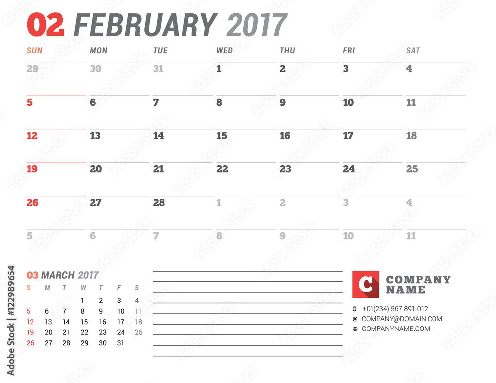 Calendar Template for 2017 Year. February. Business Planner 2017 Template. Stationery Design. Week starts Sunday. 2 Months on the Page. Vector Illustration Calendar Template for 2017 Year. February. Business Planner 2017 Template. Stationery Design. Week starts Sunday. 2 Months on the Page. Vector Illustration