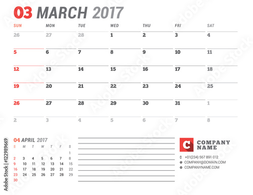 Calendar Template for 2017 Year. March. Business Planner 2017 Template. Stationery Design. Week starts Sunday. 2 Months on the Page. Vector Illustration