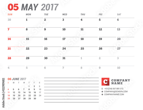 Calendar Template for 2017 Year. May. Business Planner 2017 Template. Stationery Design. Week starts Sunday. 2 Months on the Page. Vector Illustration