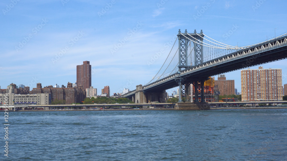 Establishing photo from Brooklyn of the Manhattan Bridge. Suspension structure for cars, subway and foot traffic over the east river. Toll free roadway.