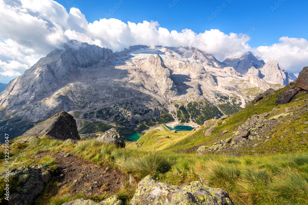 Marmolada glacier - majestic Queen of Dolomites and Lago di Fedaia, Dolomites mountains, Italy