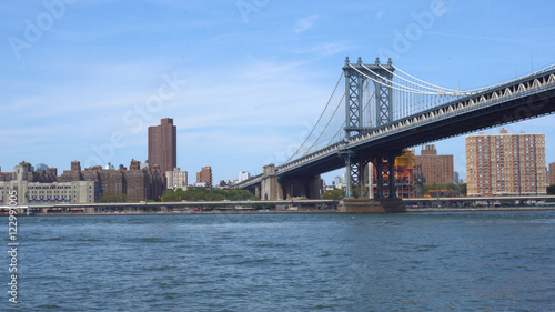 Establishing photo from Brooklyn of the Manhattan Bridge. Suspension structure for cars, subway and foot traffic over the east river. Toll free roadway.