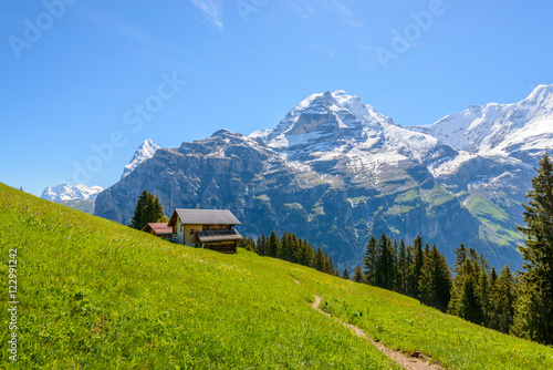 Beautiful Swiss mountain valley landscape with a single house.