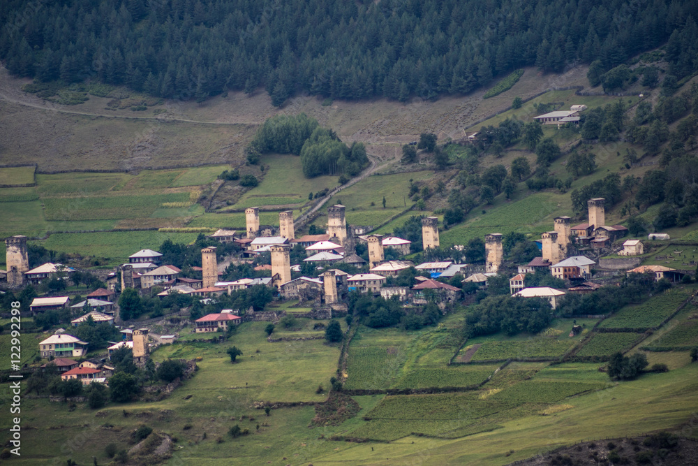 Georgian village in the mountain valley of the Caucasus mountain range. Svan house.