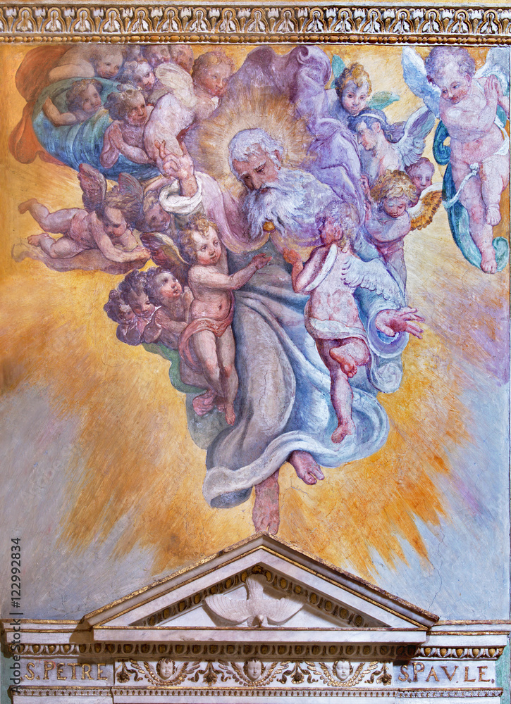 ROME, ITALY - MARCH 12, 2016: The fresco of Glory of the Father in church Basilica di Santi Quattro Coronati by Giovanni da San Giovanni (17. cent.)