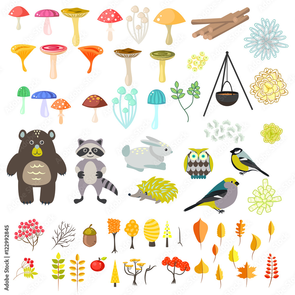 Animals and nature vector clipart objects. Cartoon forest animals, birds,  trees, mushrooms and plants set. Stock Vector | Adobe Stock