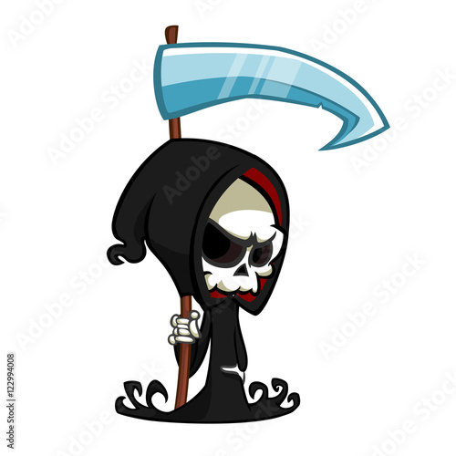 Cute cartoon grim reaper with scythe isolated on white. Cute Halloween skeleton death character icon