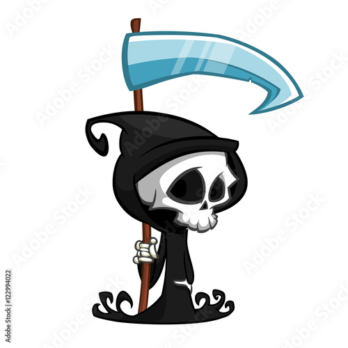 Cute cartoon grim reaper with scythe isolated on white. Cute Halloween skeleton death character icon