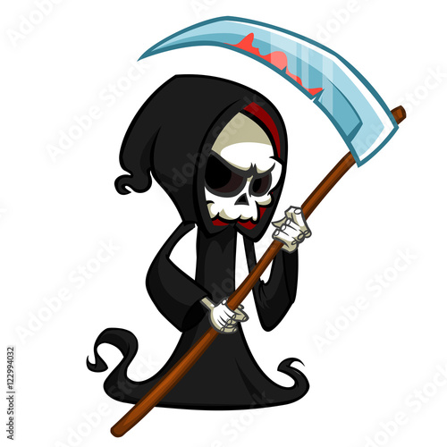 Cute cartoon grim reaper with scythe isolated on white. Cute Halloween skeleton death character icon