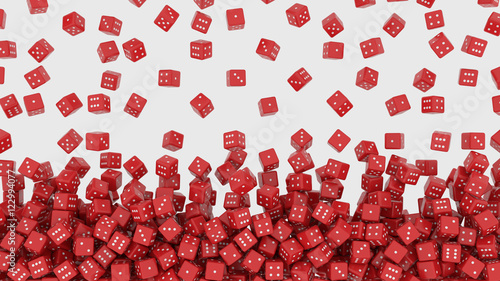 Tens of reds dice falling from above
