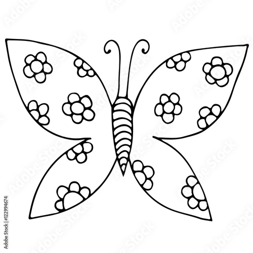 Black line butterfly with flower for tattoo, coloring book